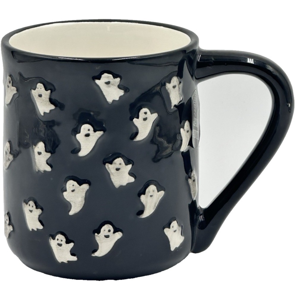 Cobwebs and Cauldrons Ghost Mug Blk Wht Embossed Hand Painted Cup Halloween